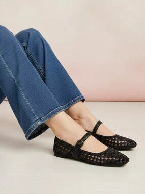 Woven Mary Jane Square Toe Ballet Flats| Navy | 8